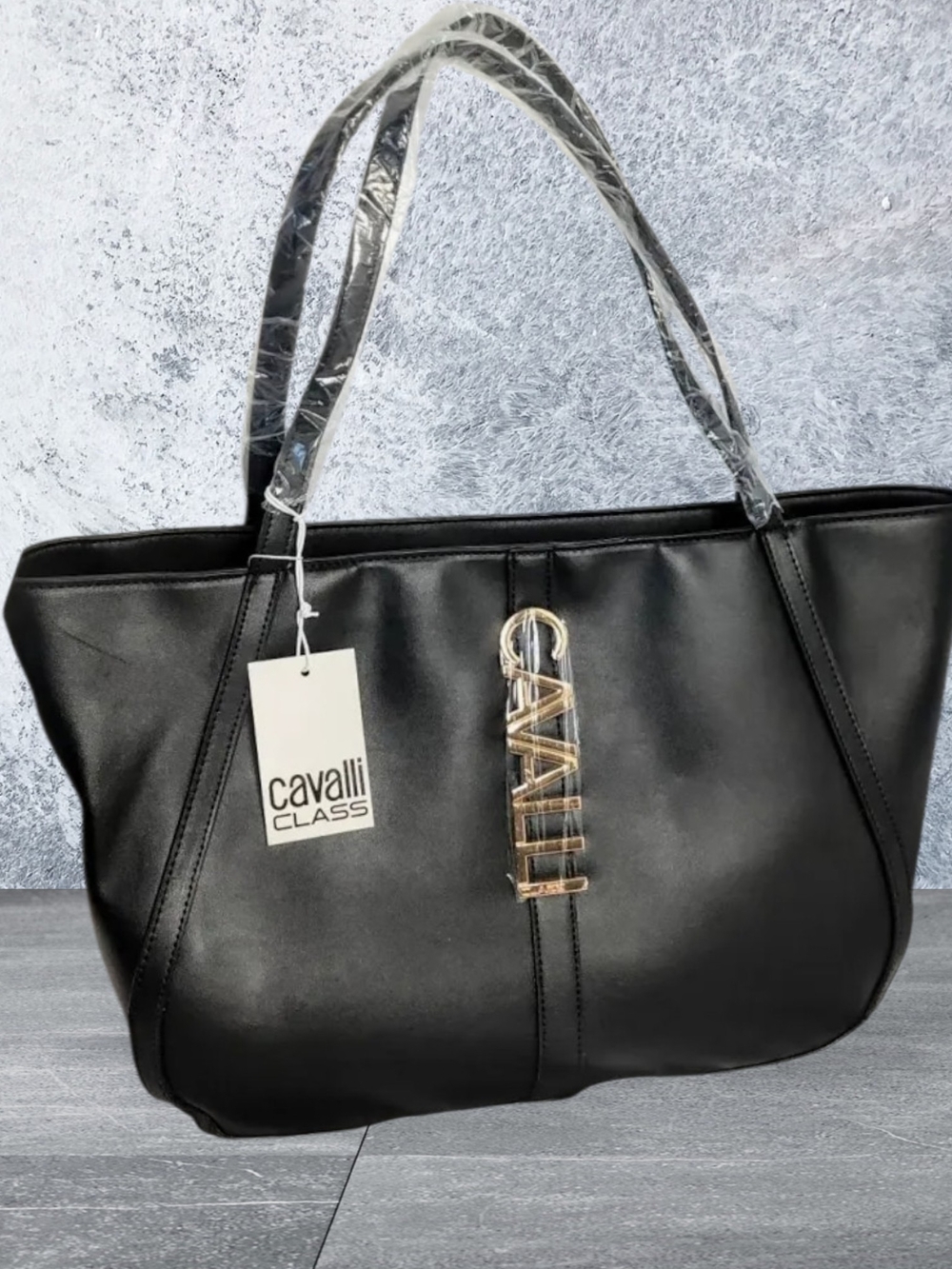 Cavalli Class Black Tote with Gold Lettering